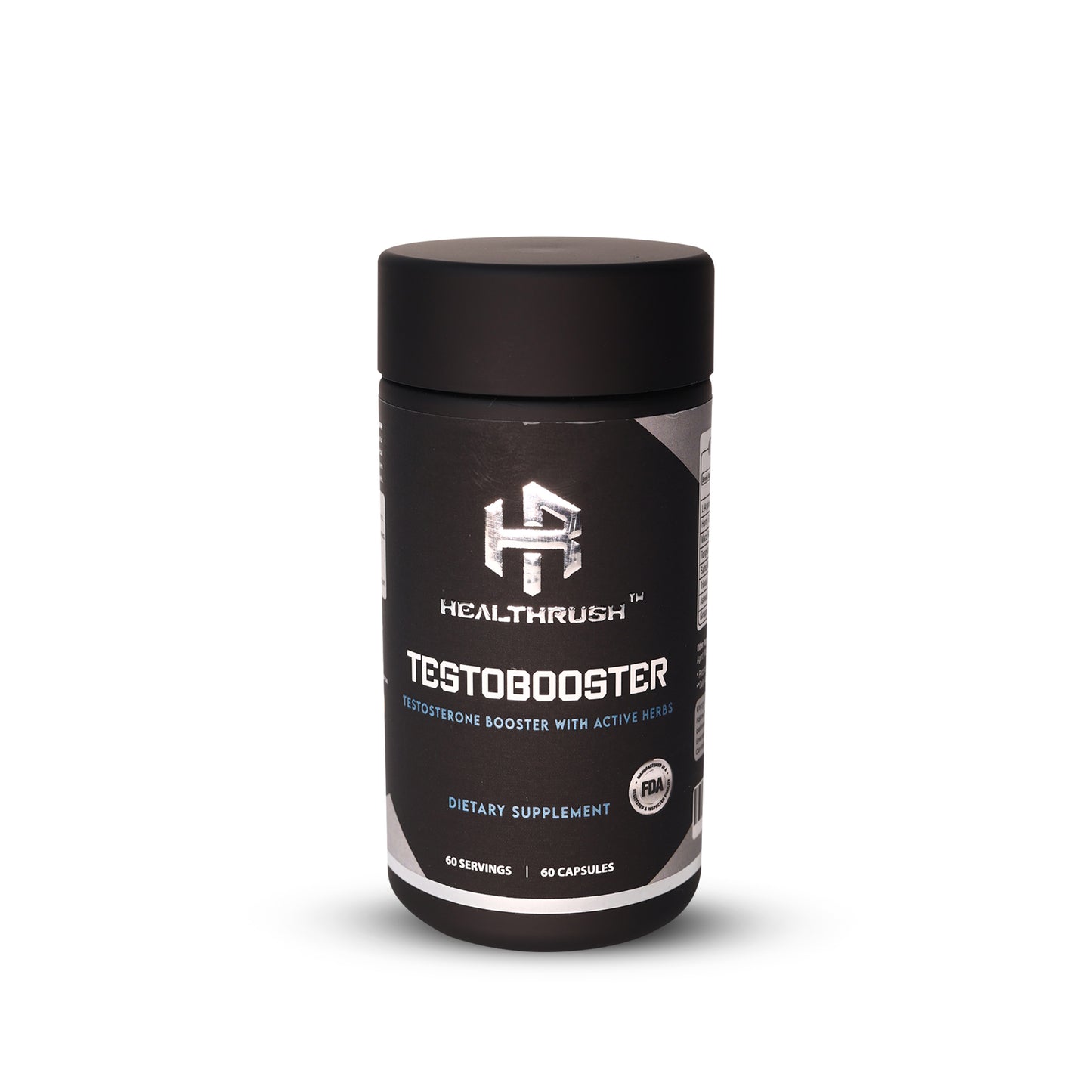 Man lifting weights with Healthrush Testobooster Capsules bottle in background.