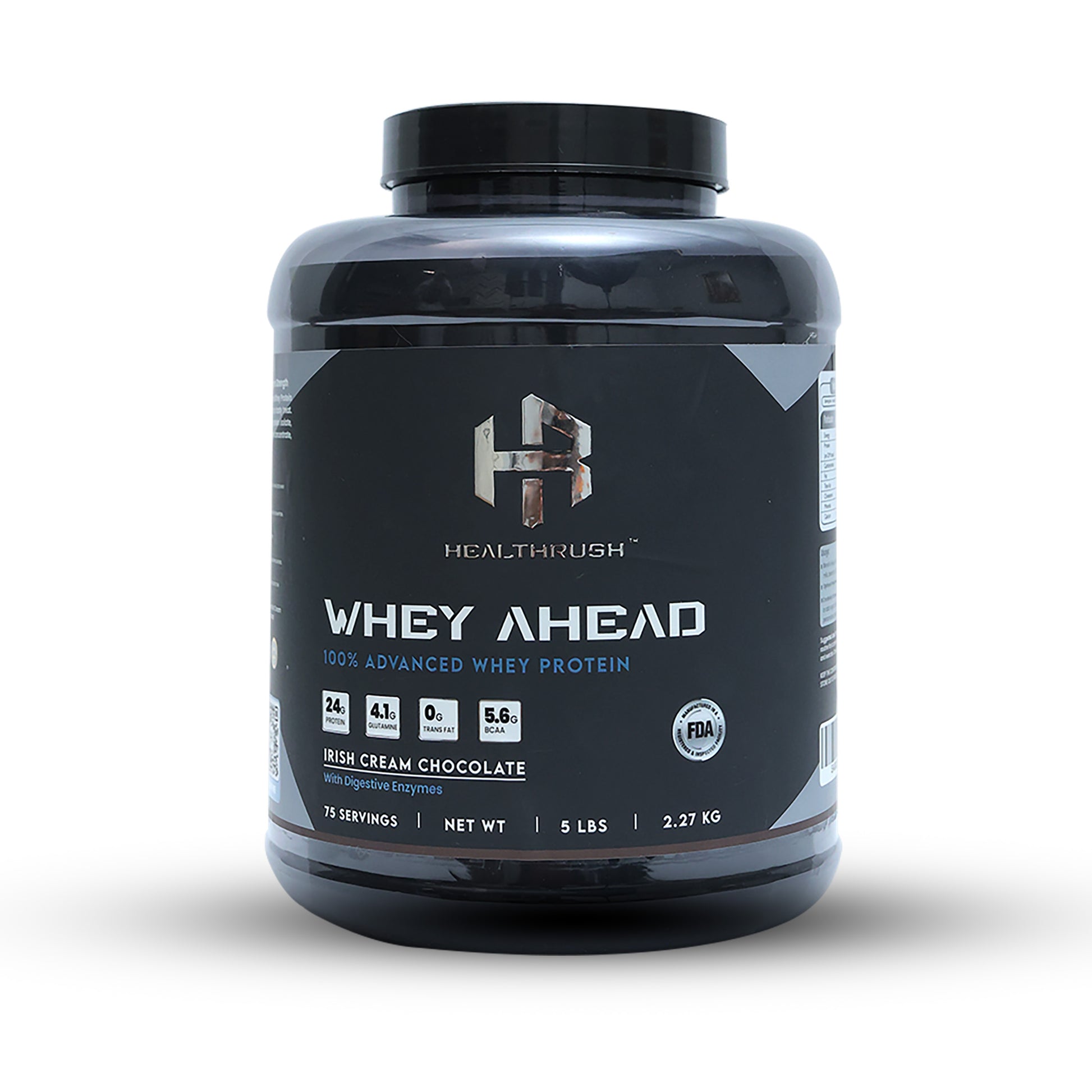 Healthrush Advanced Whey Protein Powder in Irish Cream Chocolate flavor.