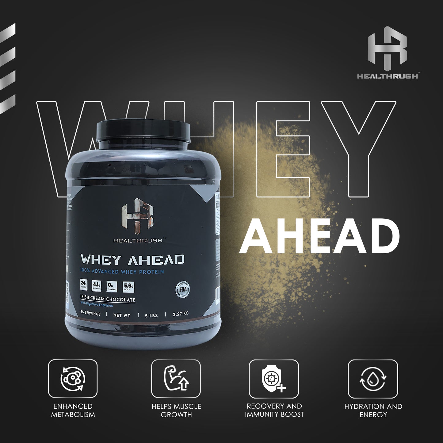 Healthrush Advanced Whey Protein Powder in Irish Cream Chocolate flavor.